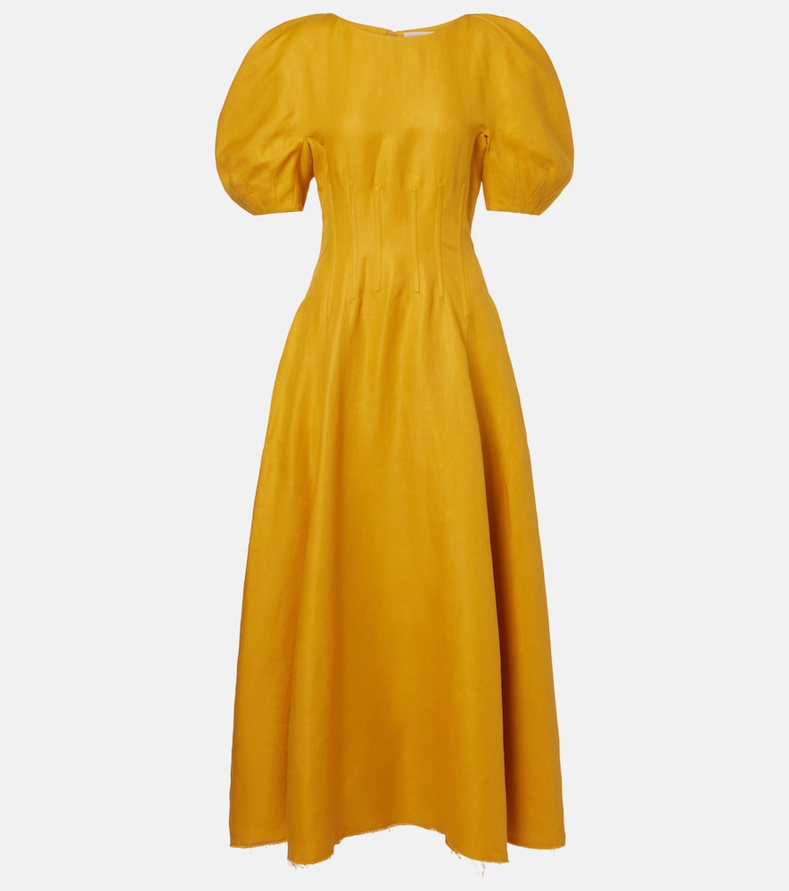 Ranya puff-sleeve linen twill maxi dress