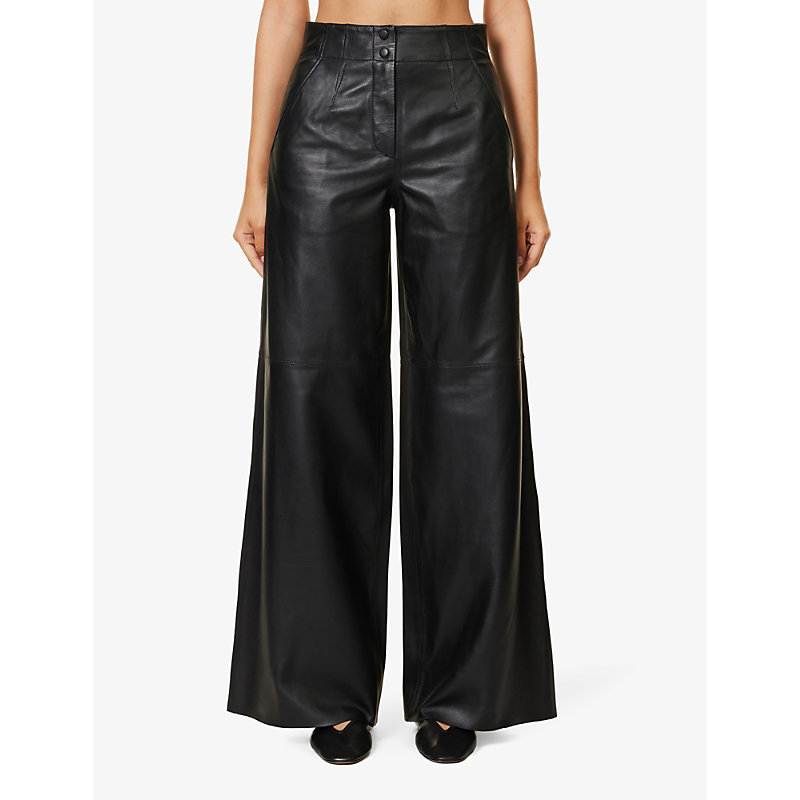 Womens Black Mid-rise Wide-leg Leather Trousers
