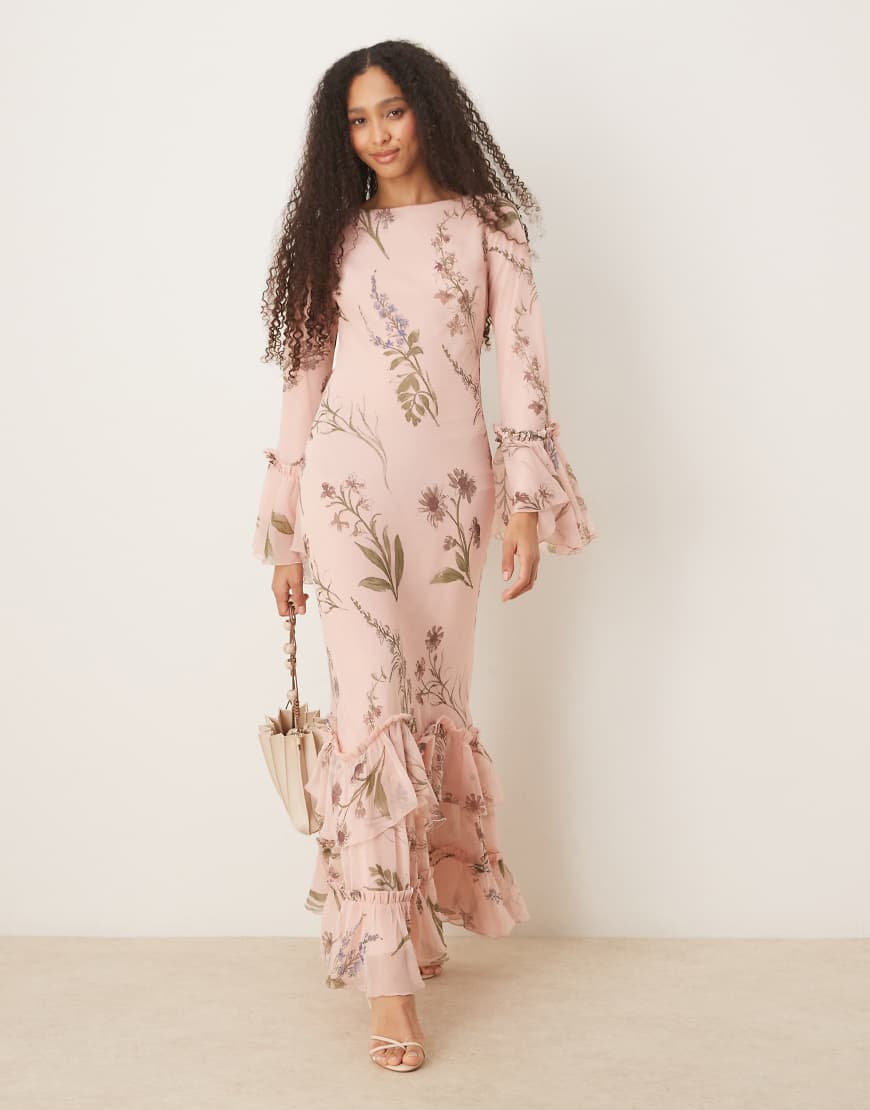 ASOS DESIGN tiered ruffle long sleeve chiffon maxi dress in floral print-Multi