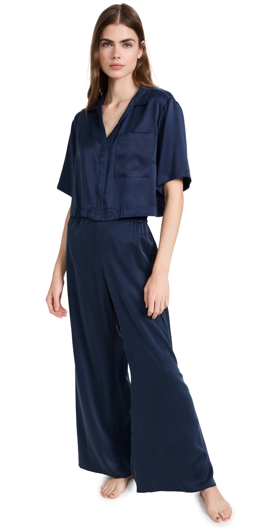 Washable Silk High Rise Pant Set Deep Blue