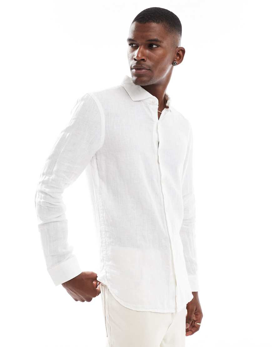 Superdry Embroidered vacation linen shirt in optic-White