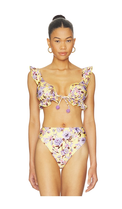 PatBO Peony Print Ruffle Bikini Top in Yellow. - XS also in S
