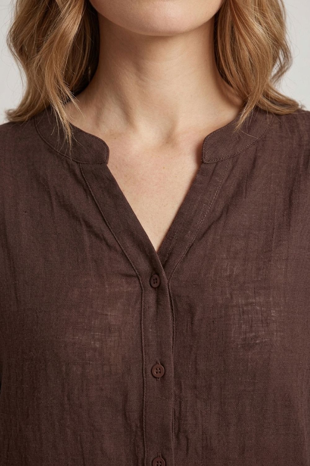 Izabel London Women's Relaxed Collarless 3/4 Sleeve Shirt in Brown