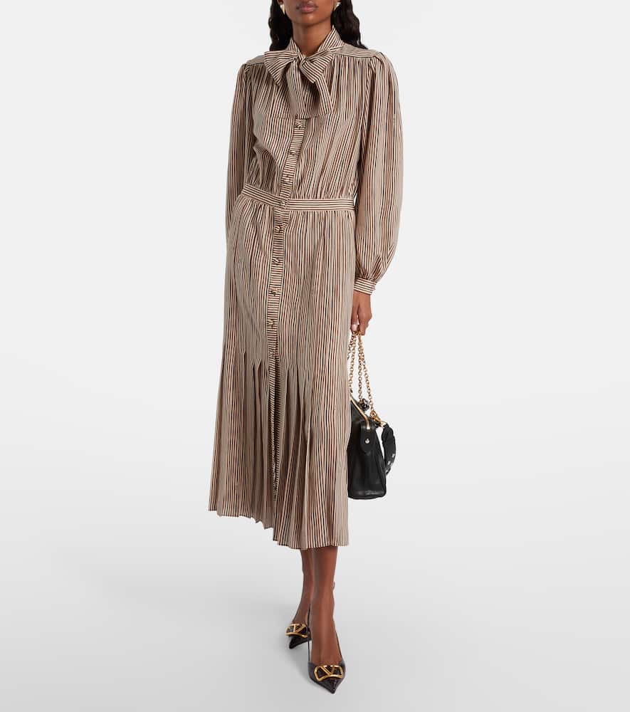 Striped tie-neck silk midi dress