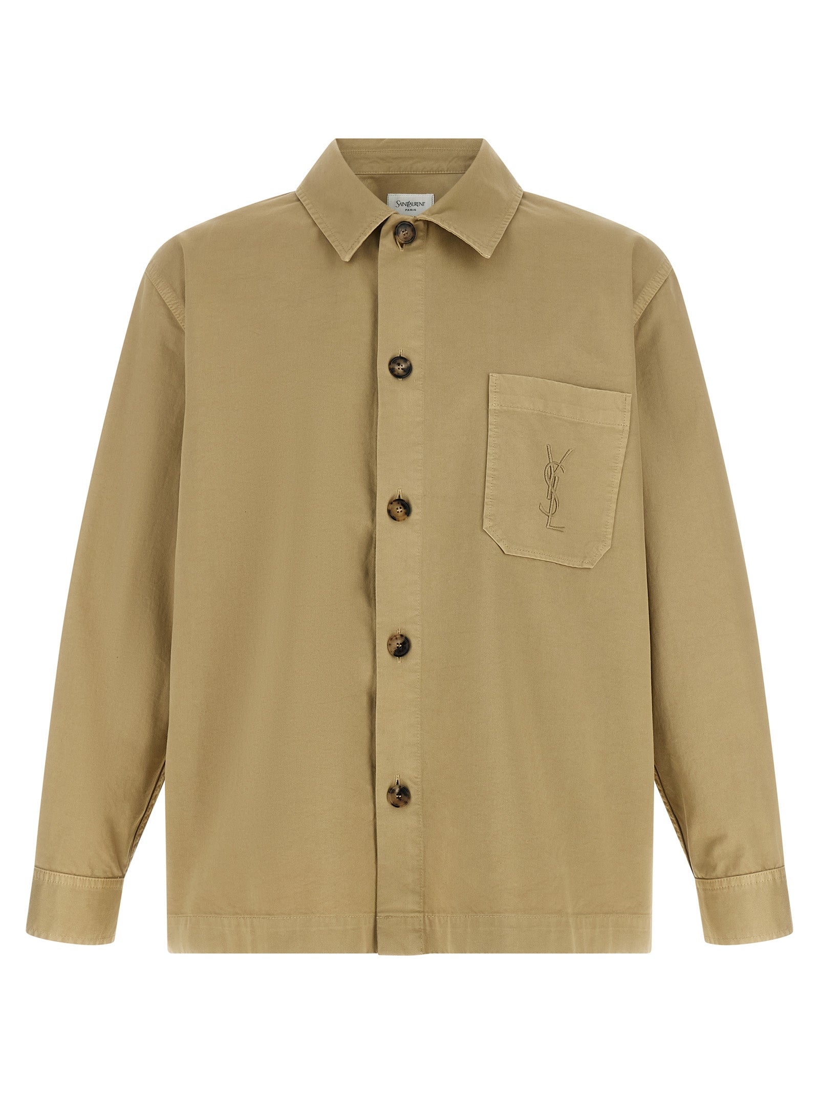 Embroidered Logo Cotton Overshirt — Beige