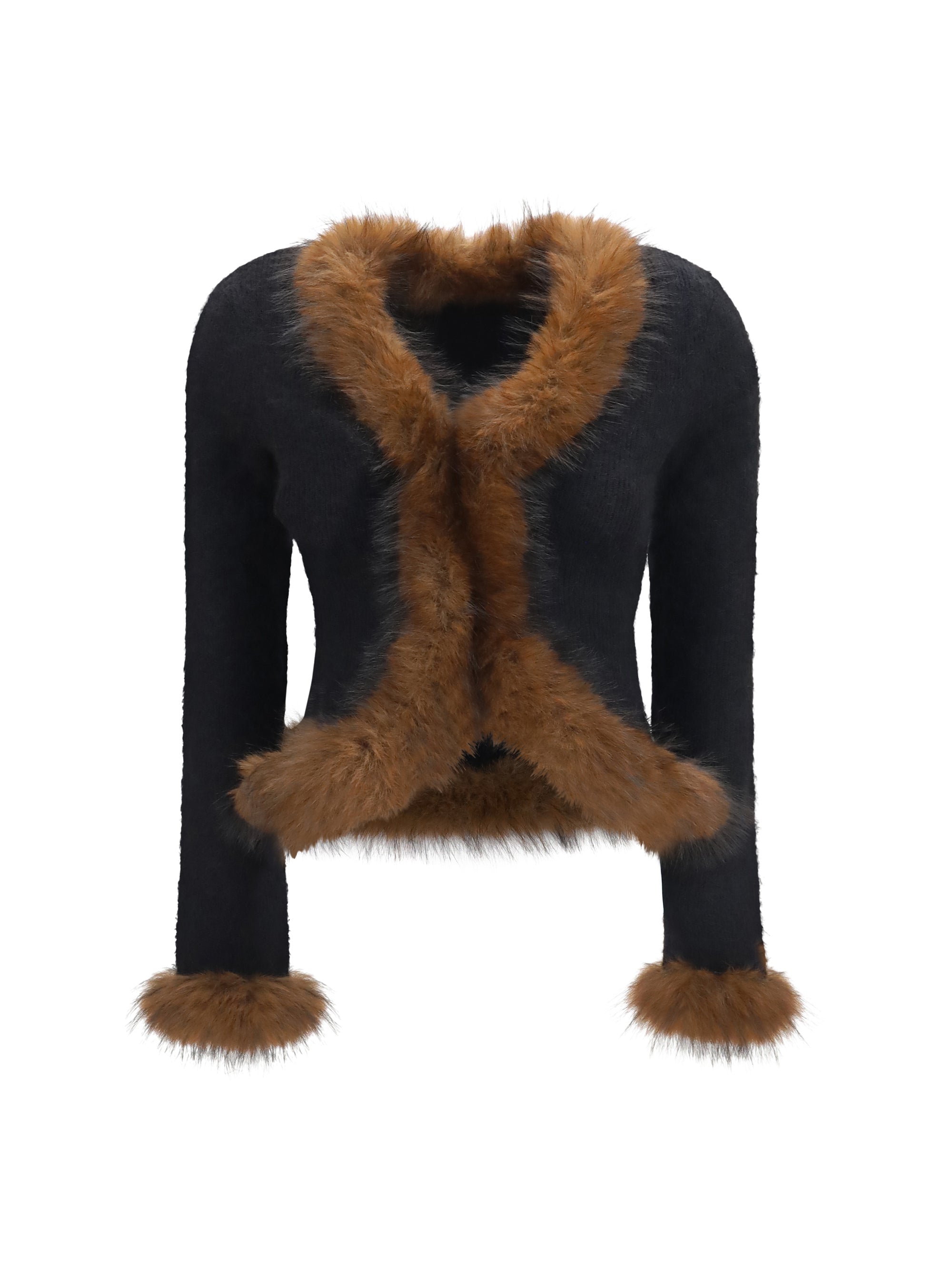 Faux Fur Trim Knit Cardigan — Black