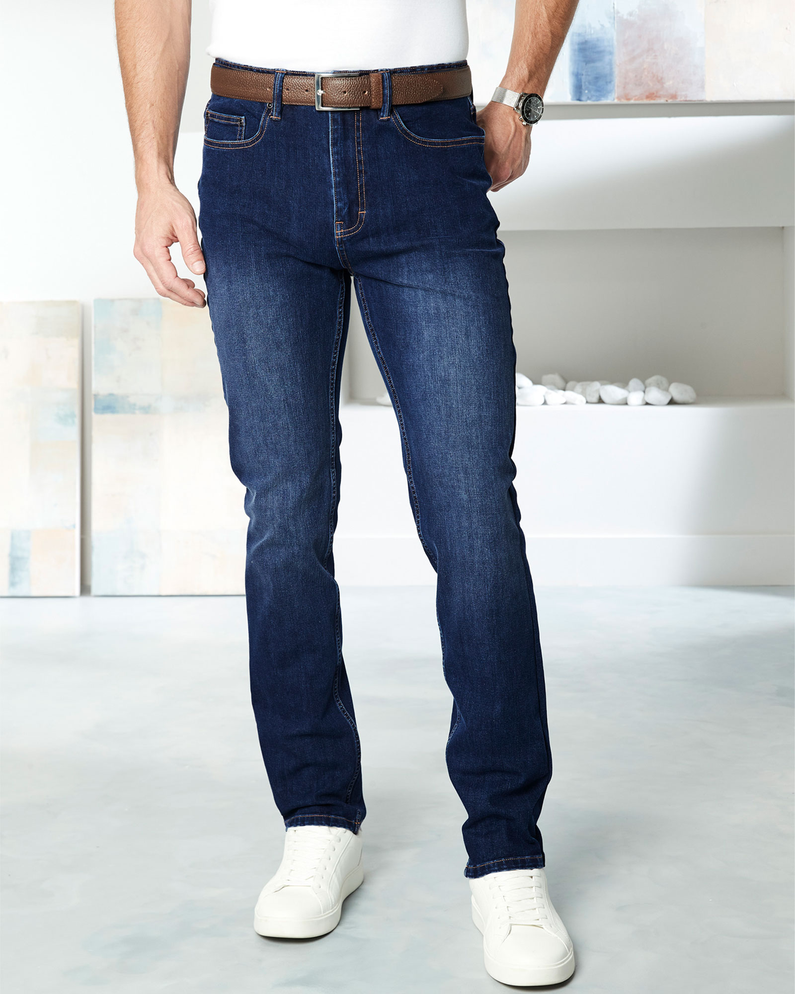 Men's Ultimate Comfort 4 Way Stretch Slim Fit Jeans in Blue, Cotton/Polyester/Elastane