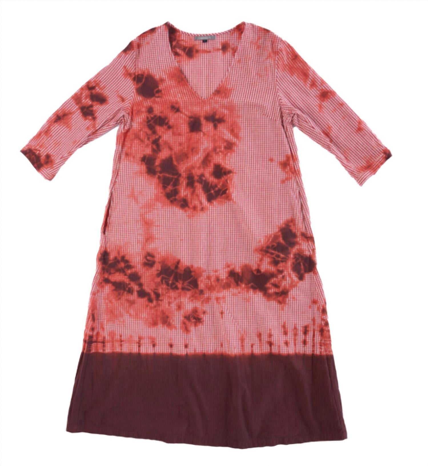Women's Cotton Gingham Check 3/4 Sleeve V Neck Dress In Bordeaux / Red