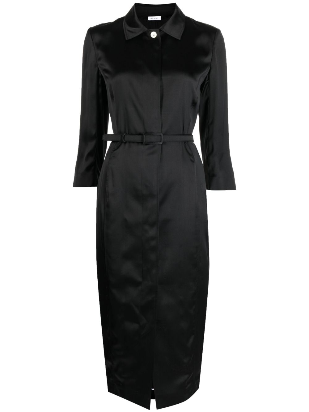 Belted-waist satin shirtdress - Black