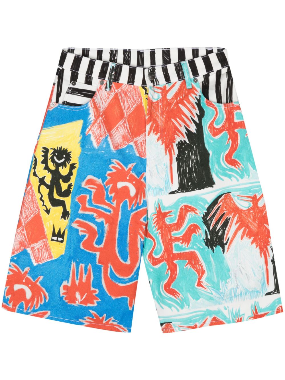 Mix-print denim shorts - White
