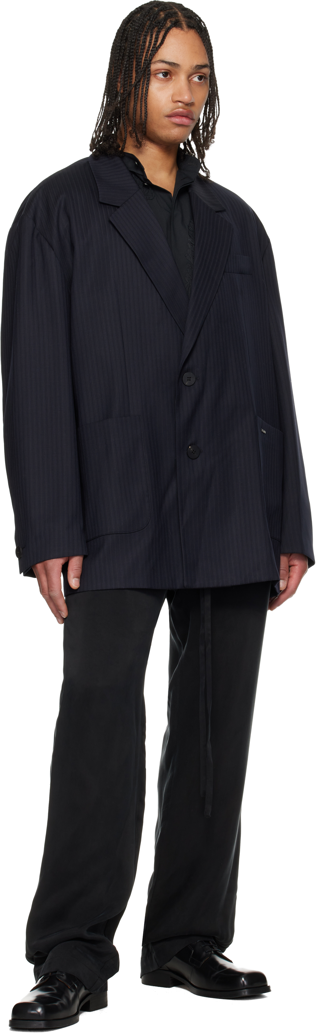 Navy Wool Stripe Wide Blazer
