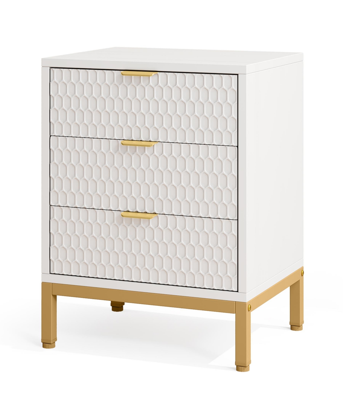 "3-Drawer Nightstand, 25.8"" Tall Modern Bedside Table, Large Side End Table with Storage Drawers for Bedroom - White and gold"