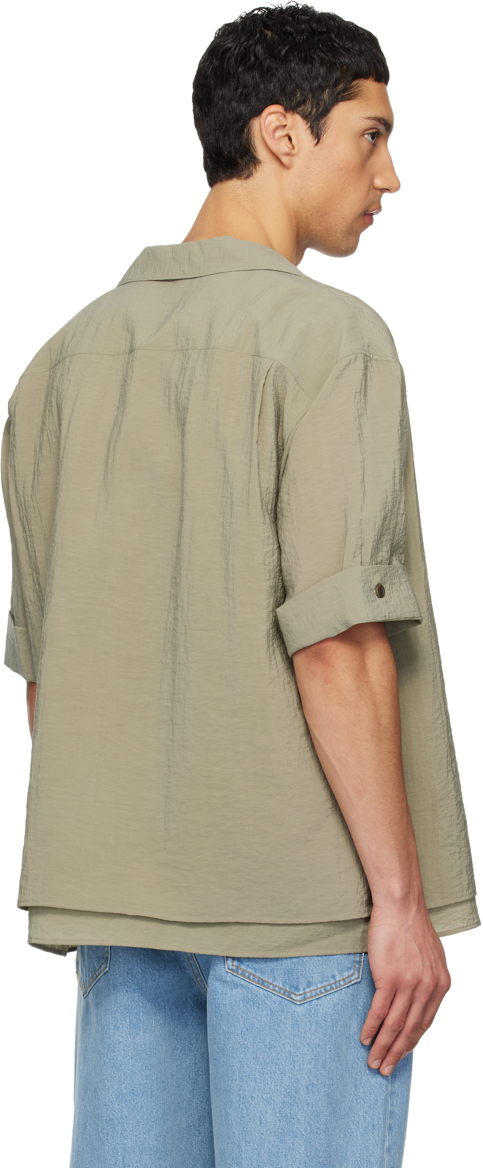 Khaki Double-Layered Open Collar Shirt