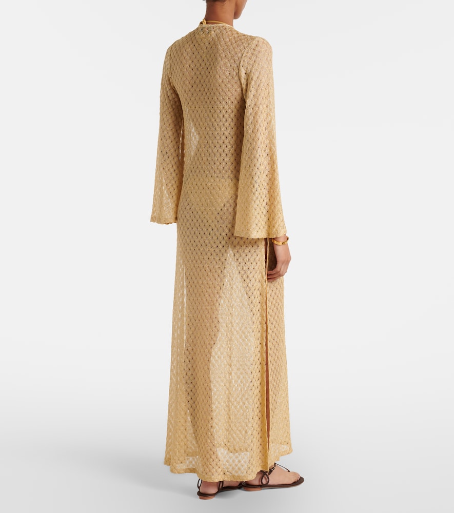 Open-knit tie-neck lamé kaftan