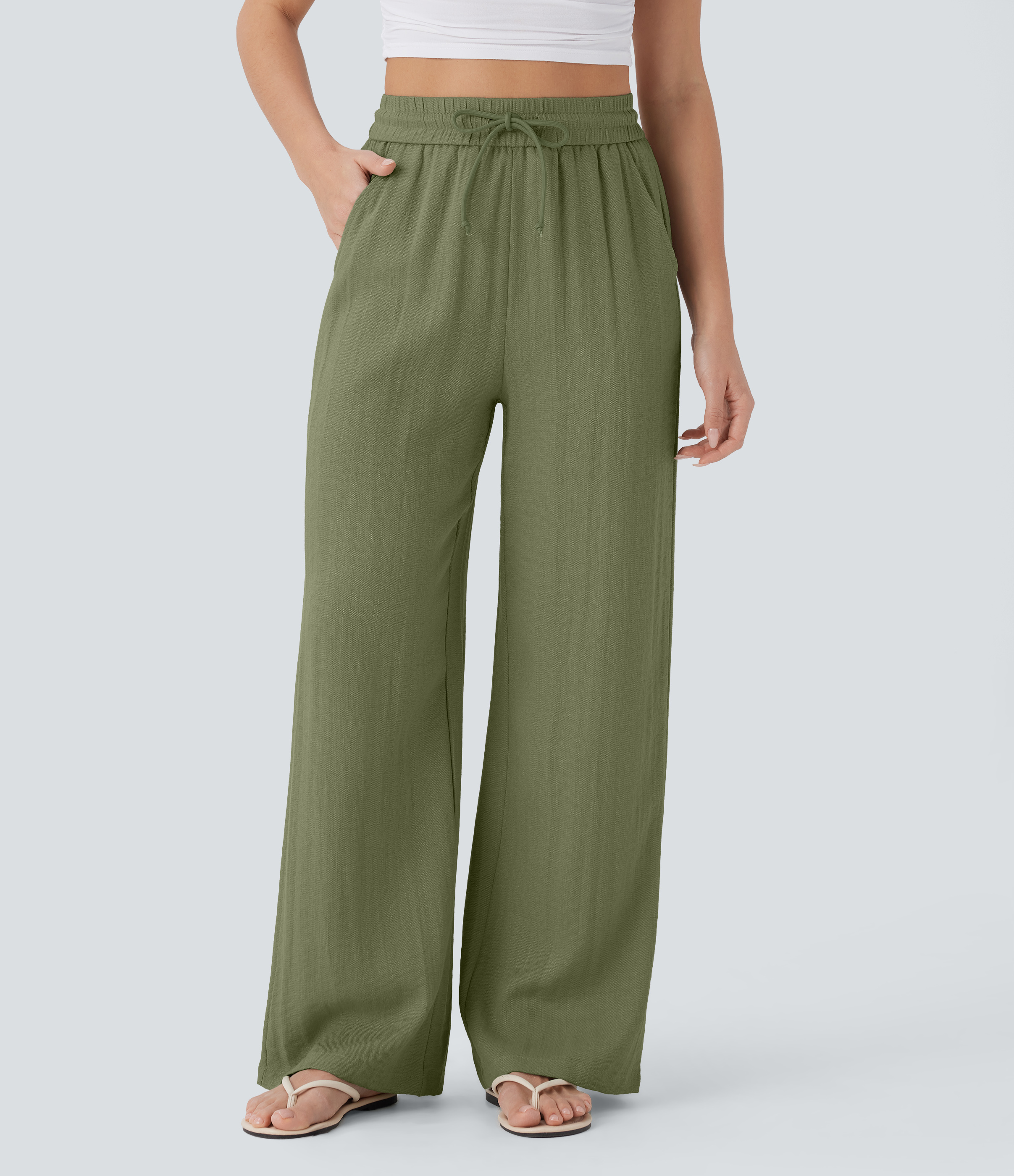 High Waisted Drawstring Pocket Wide Leg Casual Linen-Feel Pants  - Loden Green