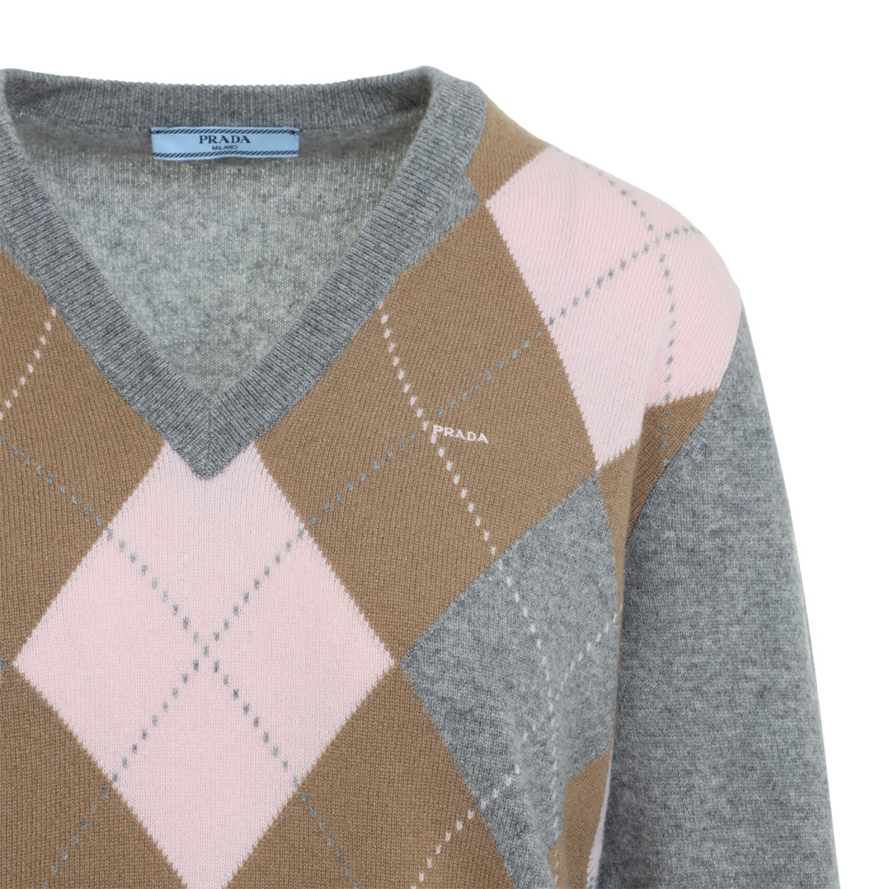 Grey Geometric V Neck Sweater