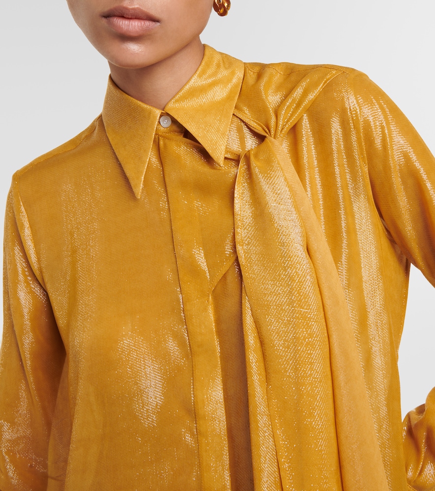 Draped tie-neck lamé blouse
