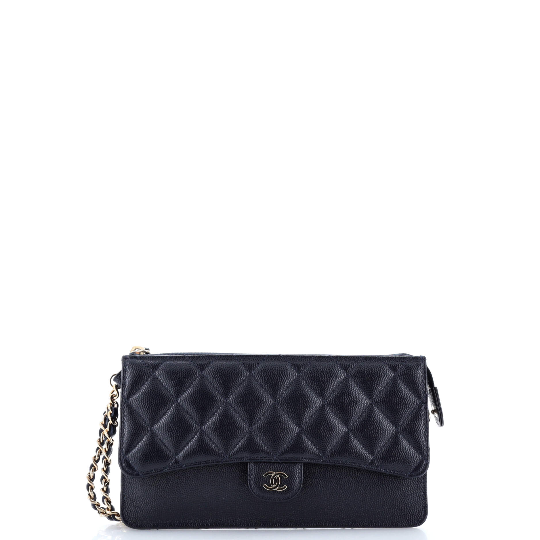 Classic Flap Zip Wristlet Pouch Quilted Caviar