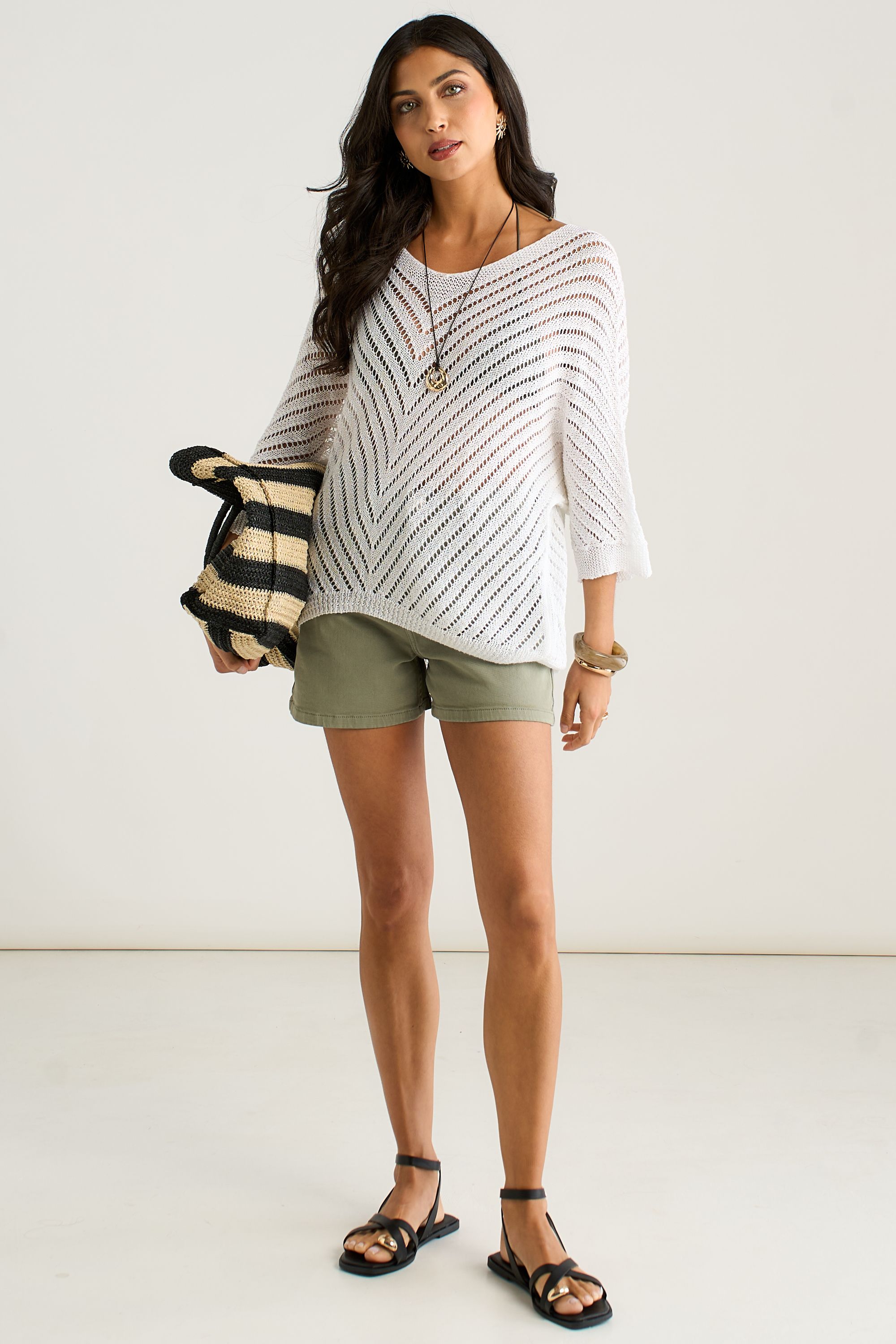 Gini London White V-Neck Chevron Crochet Knit Top