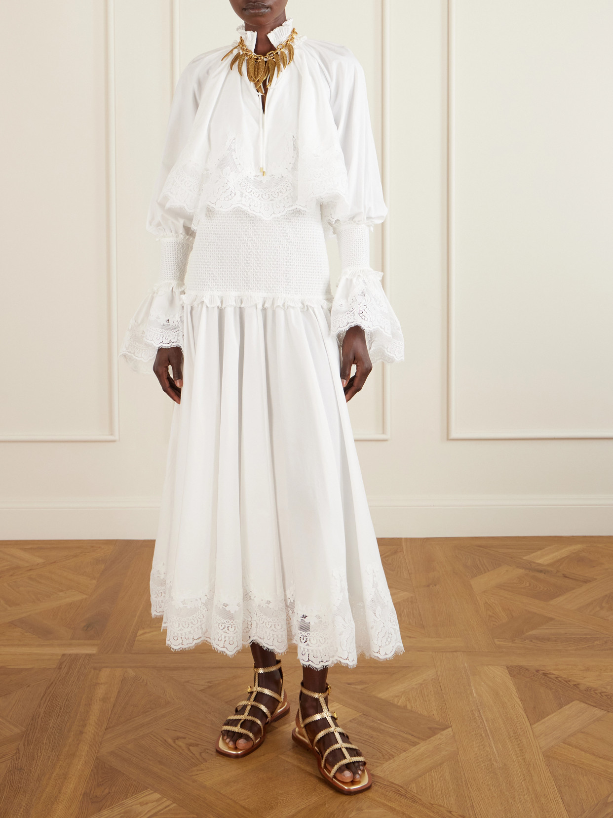 Alchemy Ruffled Shirred Lace-trimmed Cotton-poplin Midi Dress - White