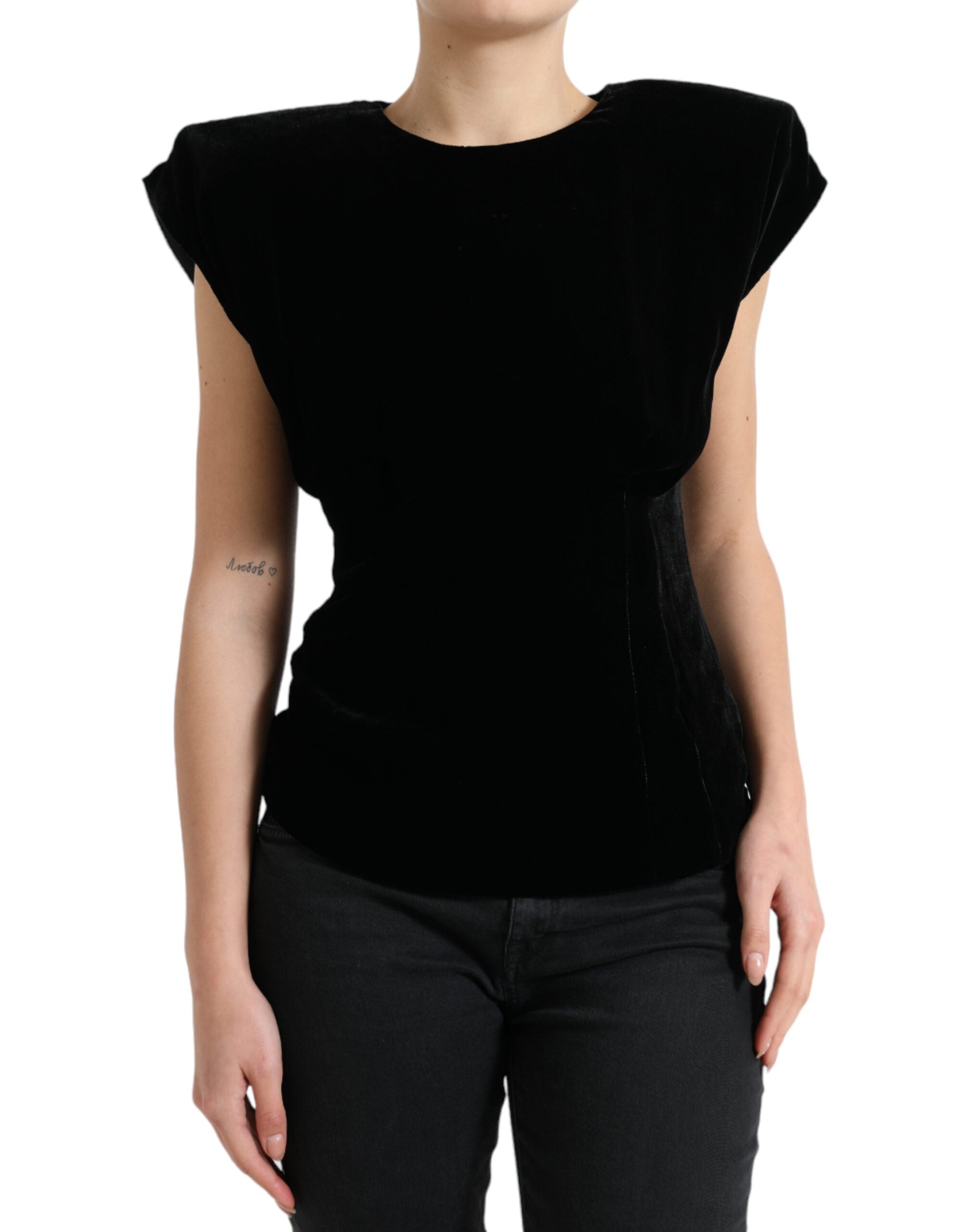Padded-Shoulder Velvet Tank Top — Black