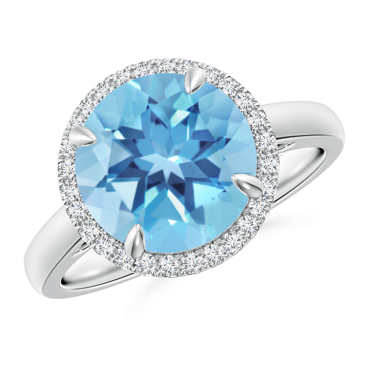Angara 4.2 Carats Round Swiss Blue Topaz Cathedral Ring with Diamond Halo in Platinum