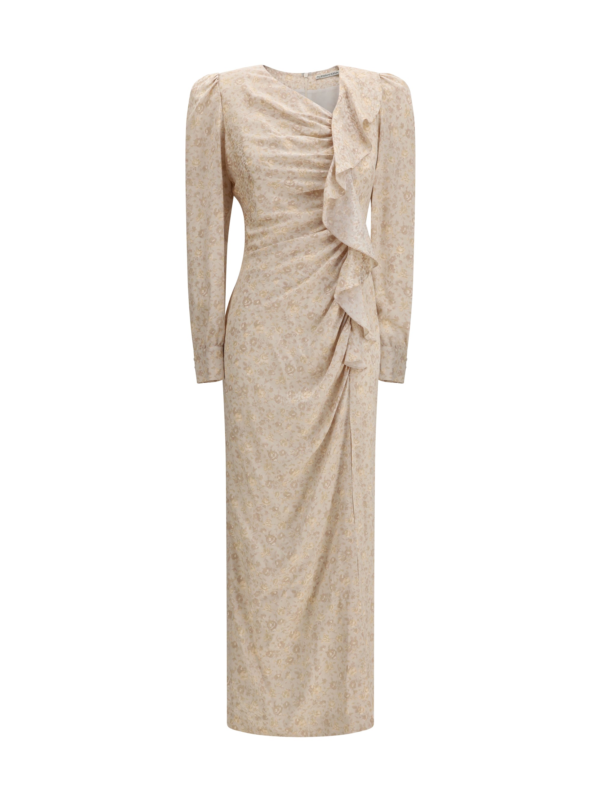 Jacquard Draped with Flounces Dress — Cream