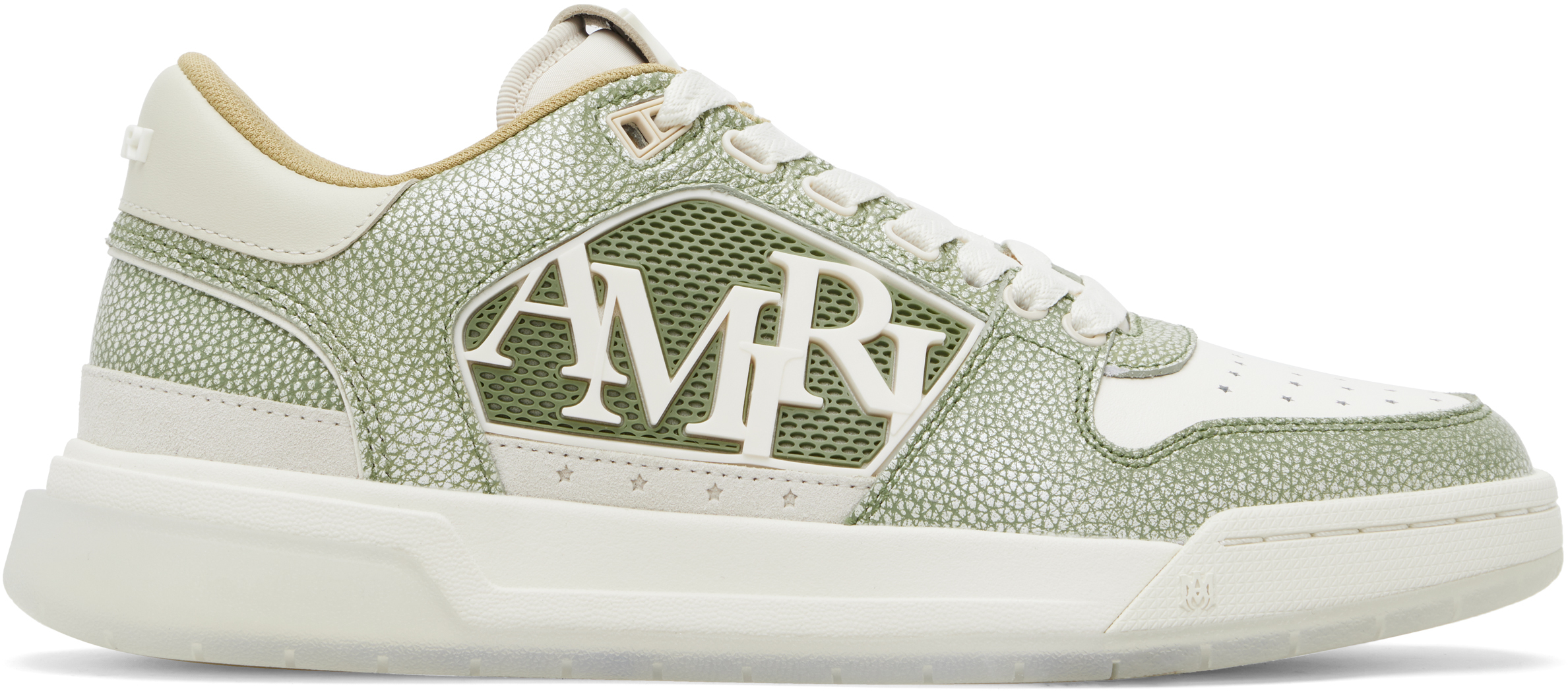 White & Green Pebbled Classic Low Sneakers