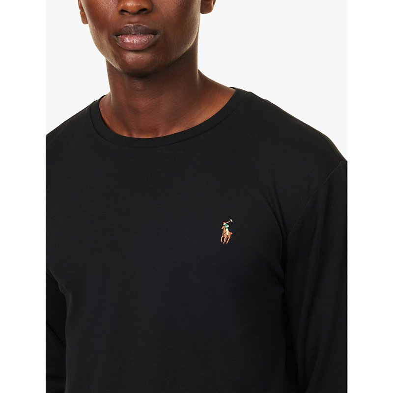 Mens Black Logo-embroidered Long-sleeved Cotton-jersey T-shirt