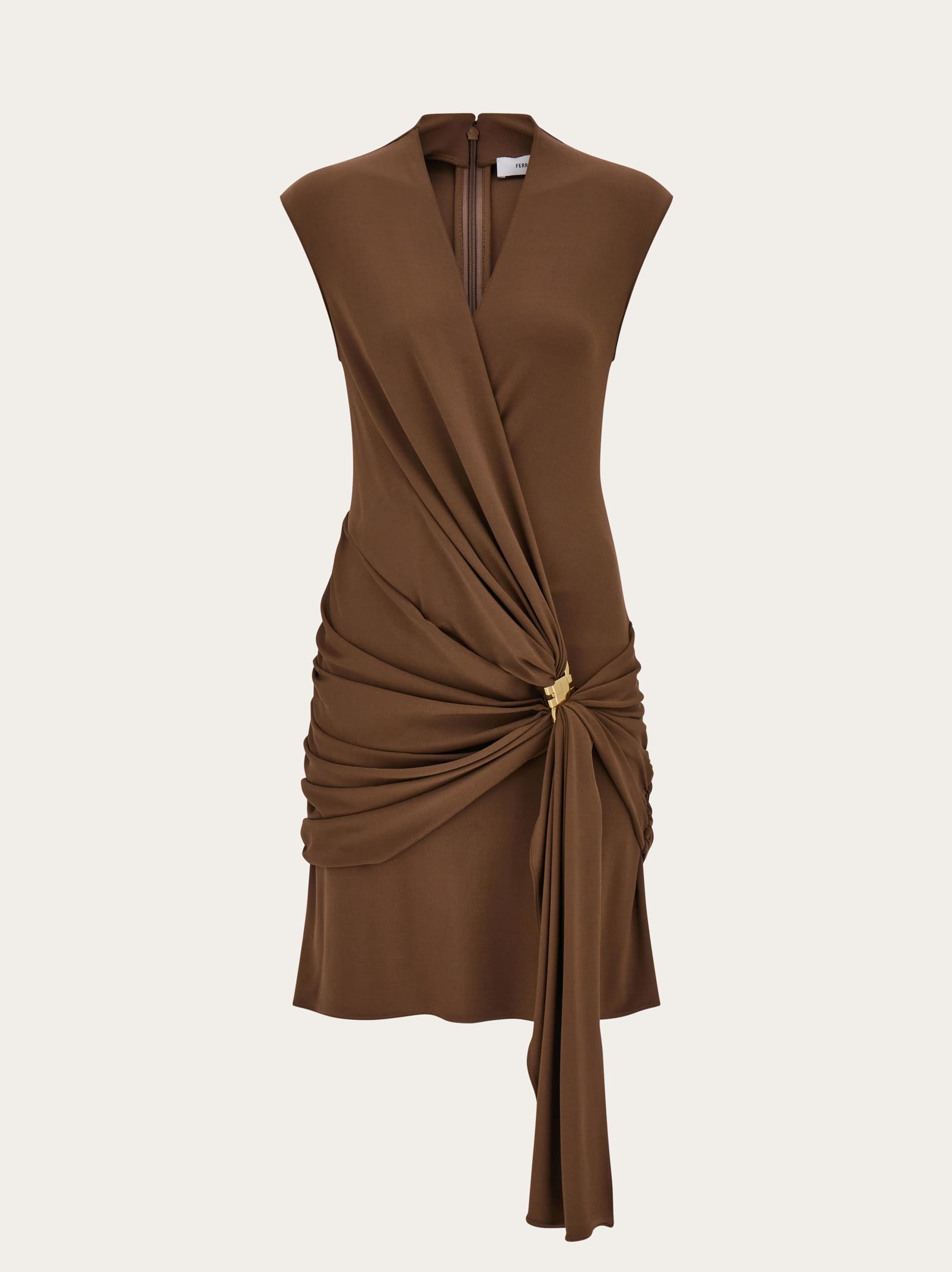 Women Viscose mini dress with gathered waist Beige