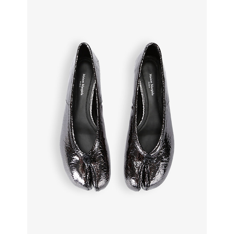 Womens Gunmetal Tabi Split-toe Patent-leather Ballet Flats