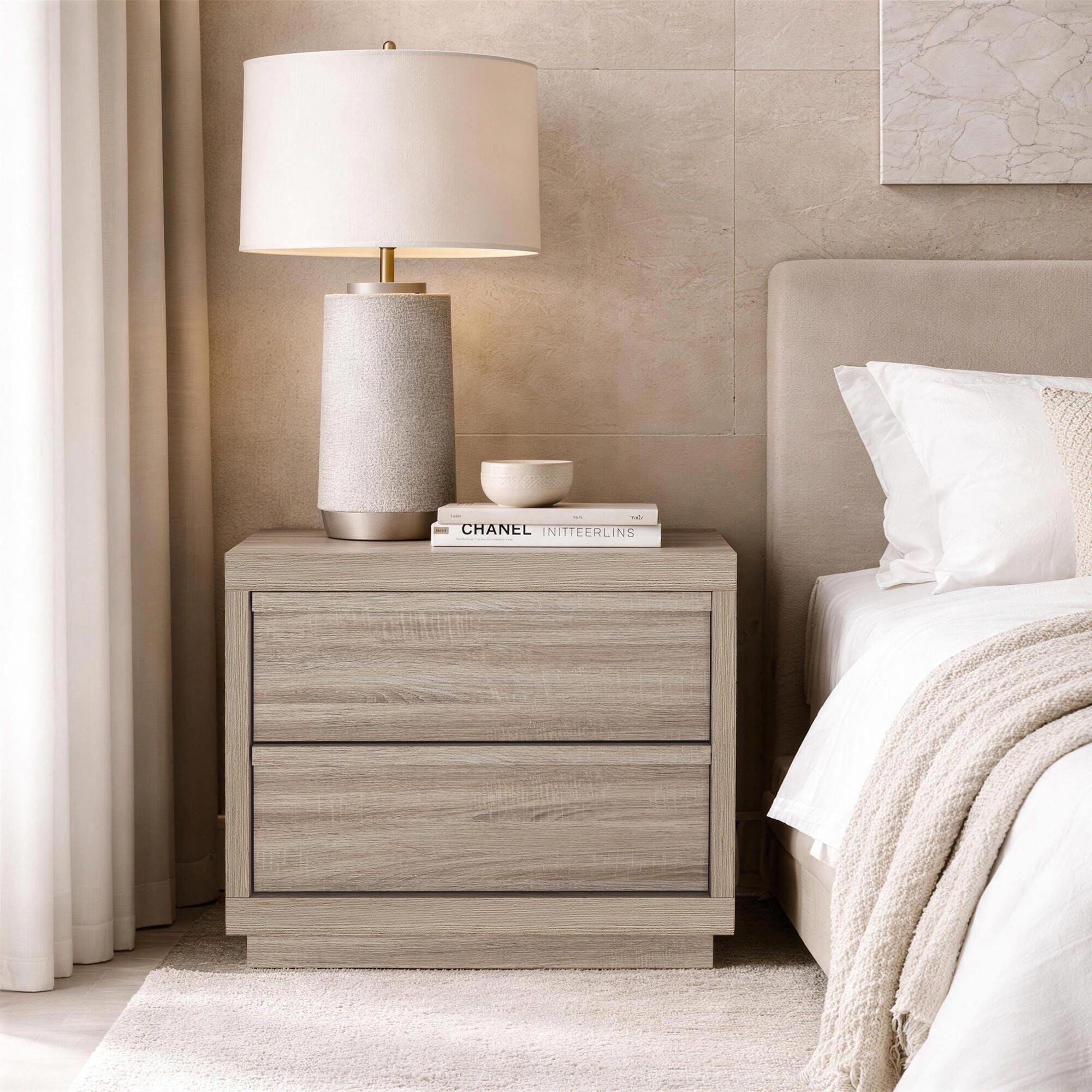 Manhattan Comfort Navis 26" 2 Drawer Nightstand, Natural Oak