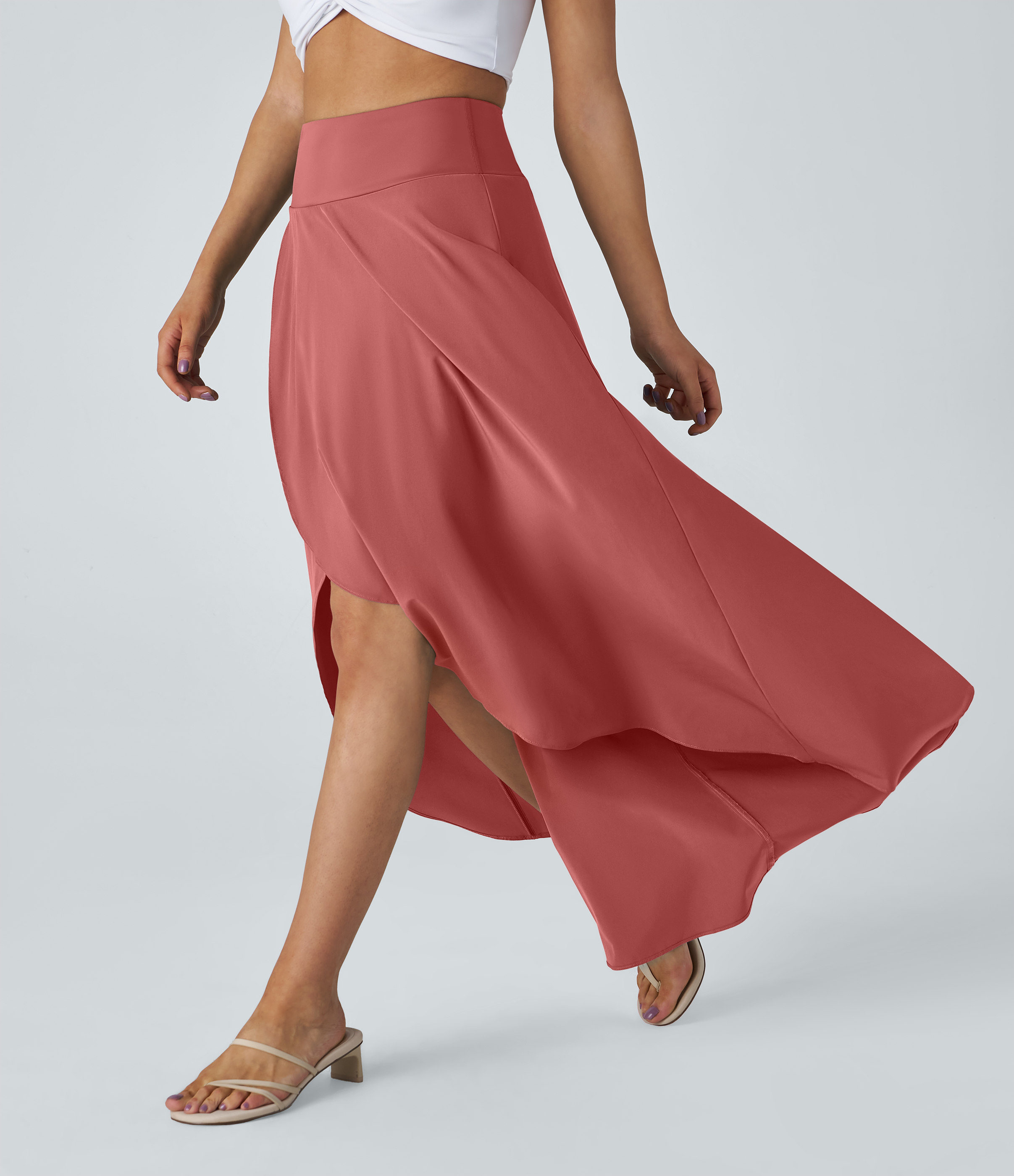 Breezeful™ High Waisted High Low Ruffle 2-in-1 Flowy Quick Dry Casual Regular Maxi Skirt  - Kapok Red