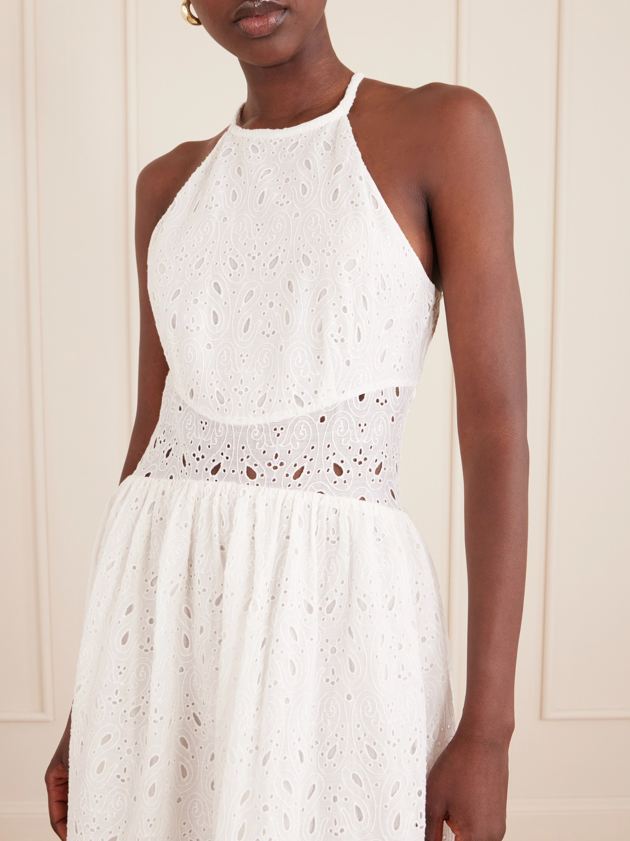 Scalloped Broderie Anglaise Ramie Halterneck Midi Dress - White