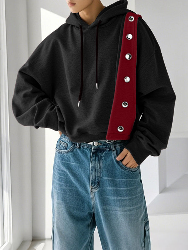 Men's Contrast Color Patchwork Button Long Sleeve Hoodie SKUL35244 - Black / S