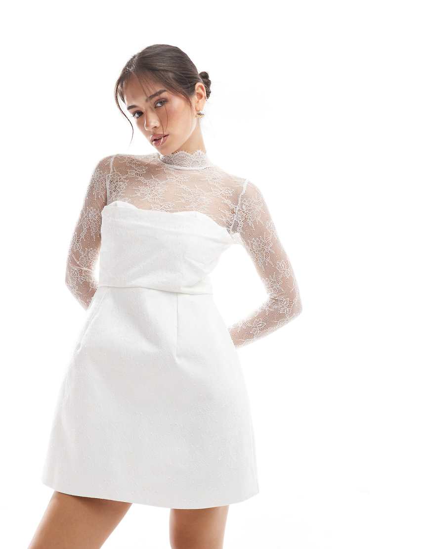 Bridal lace sleeve structured mini dress in ivory-White