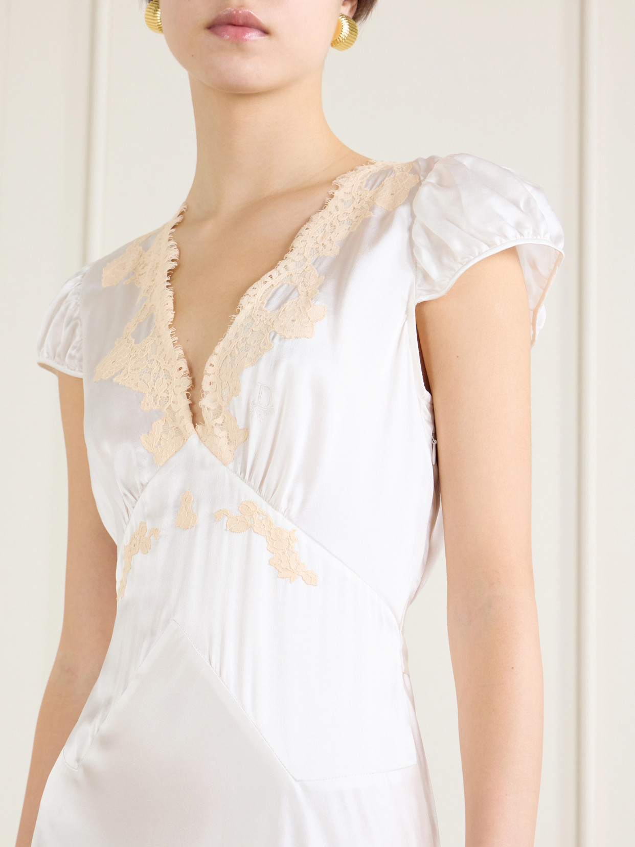 Coraline Corded Lace-trimmed Silk-satin Midi Dress - White