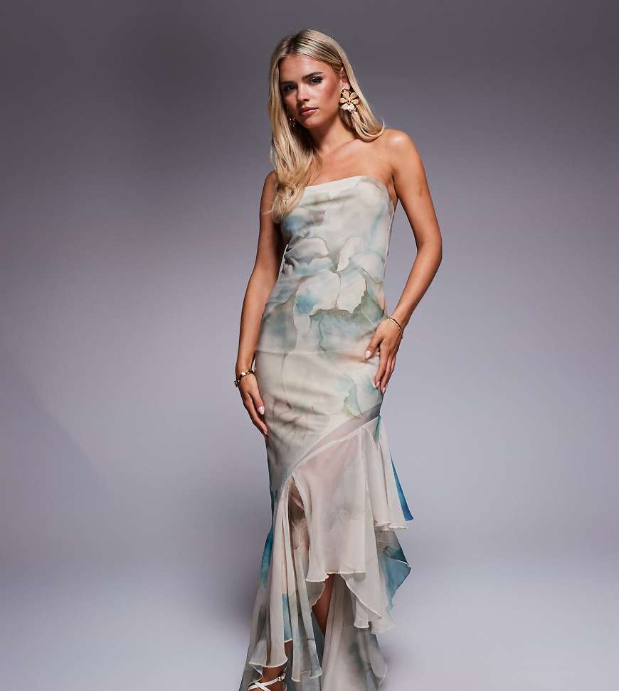 ASOS DESIGN Petite bandeau maxi dress with asymmetric ruffle hem in overblown floral print-Multi