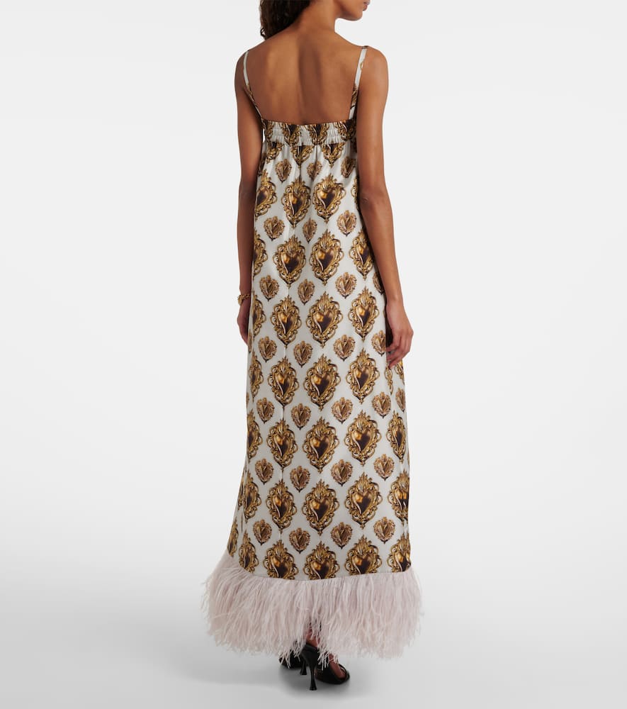 Feather-trimmed printed silk maxi dress