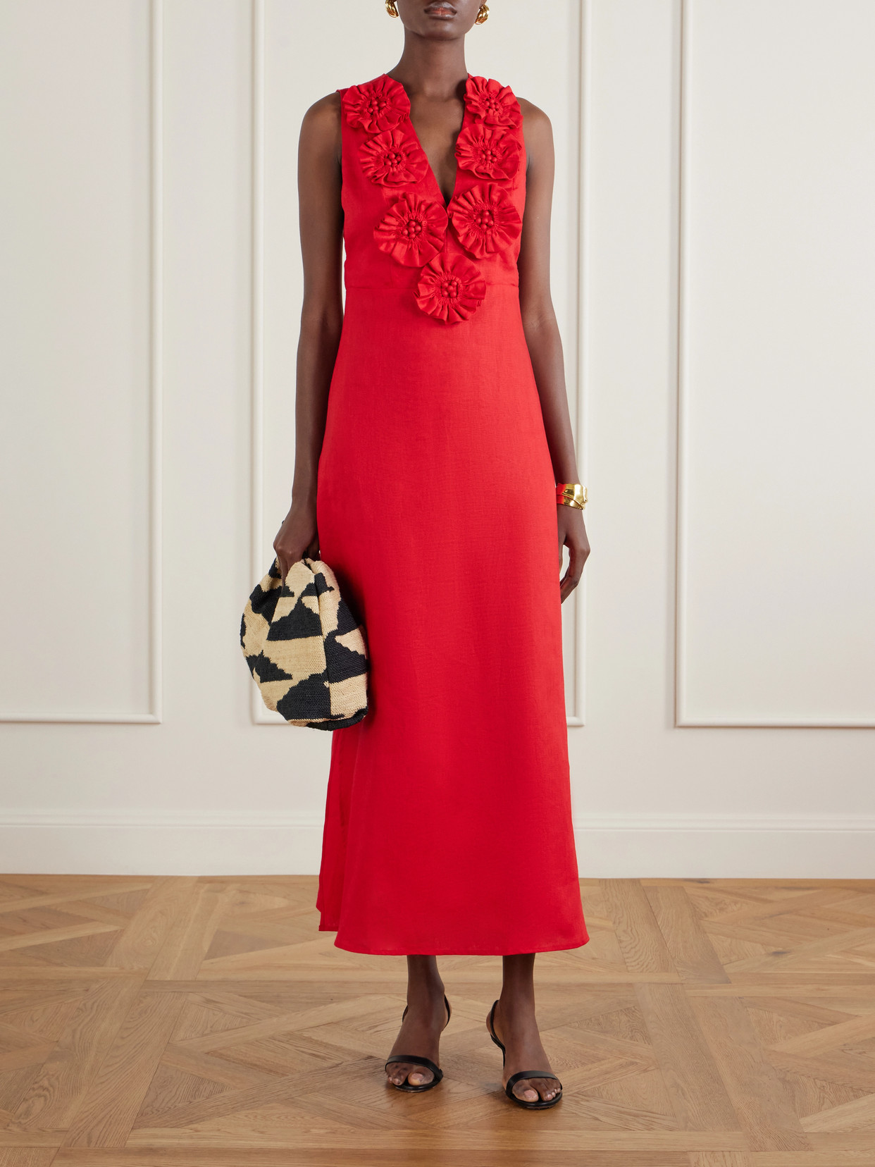 Floral-appliquéd Linen Midi Dress - Red