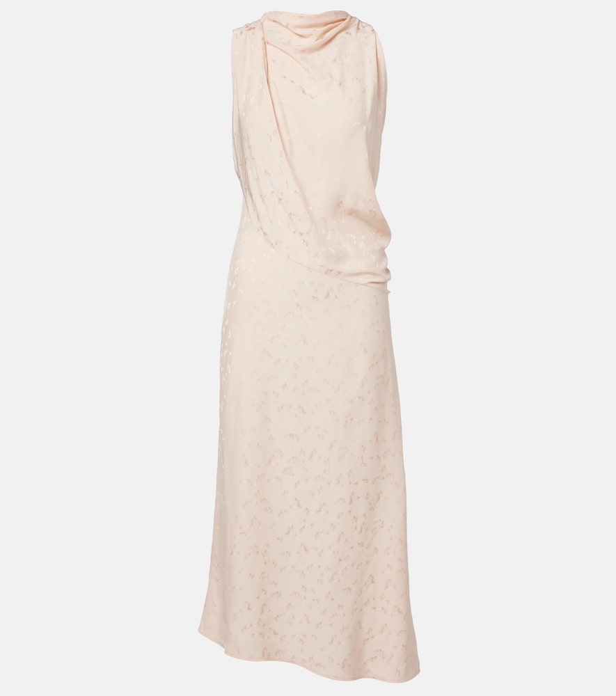 Asymmetric draped floral satin midi dress