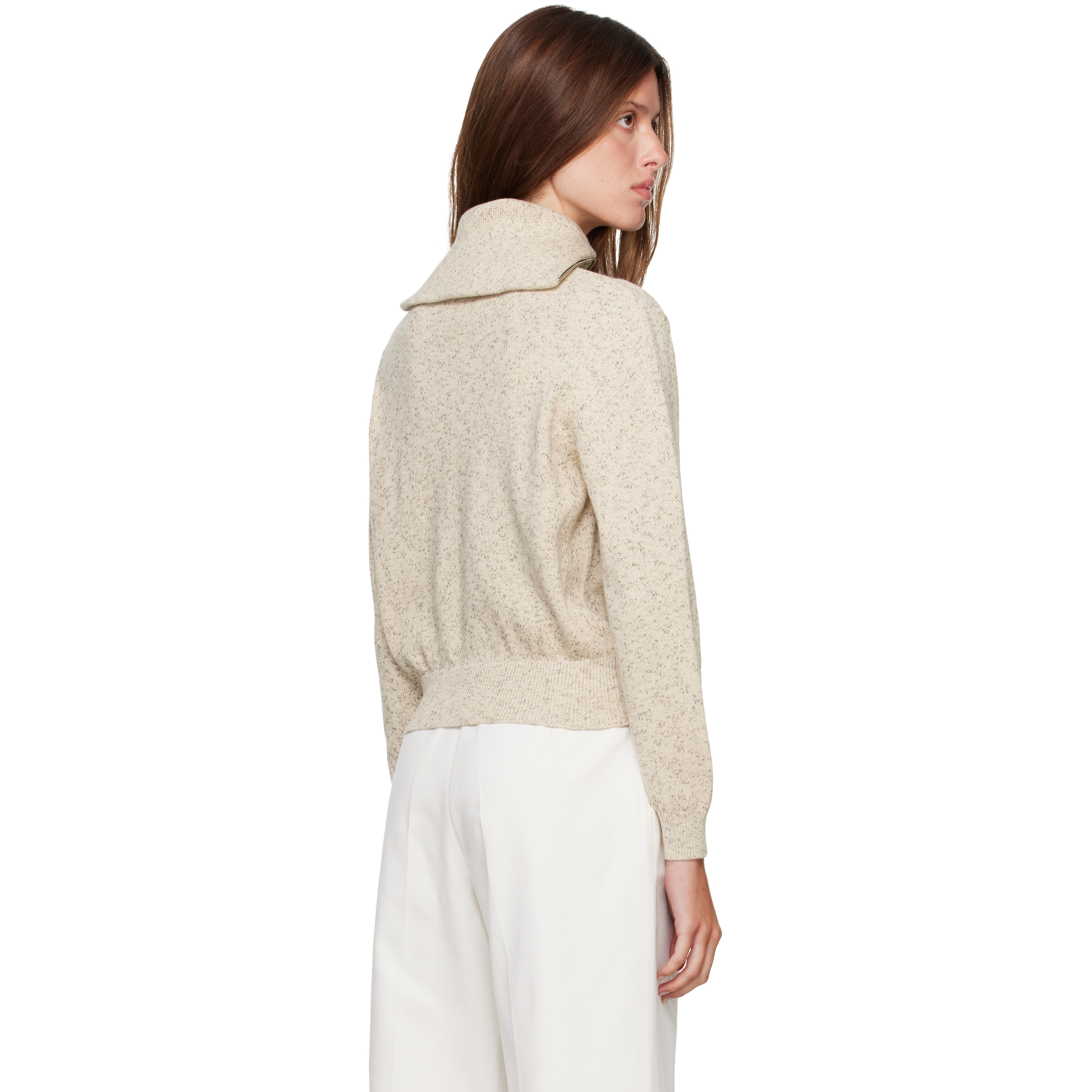 Off-White Flecked Cotton Zip-Up Sweater
