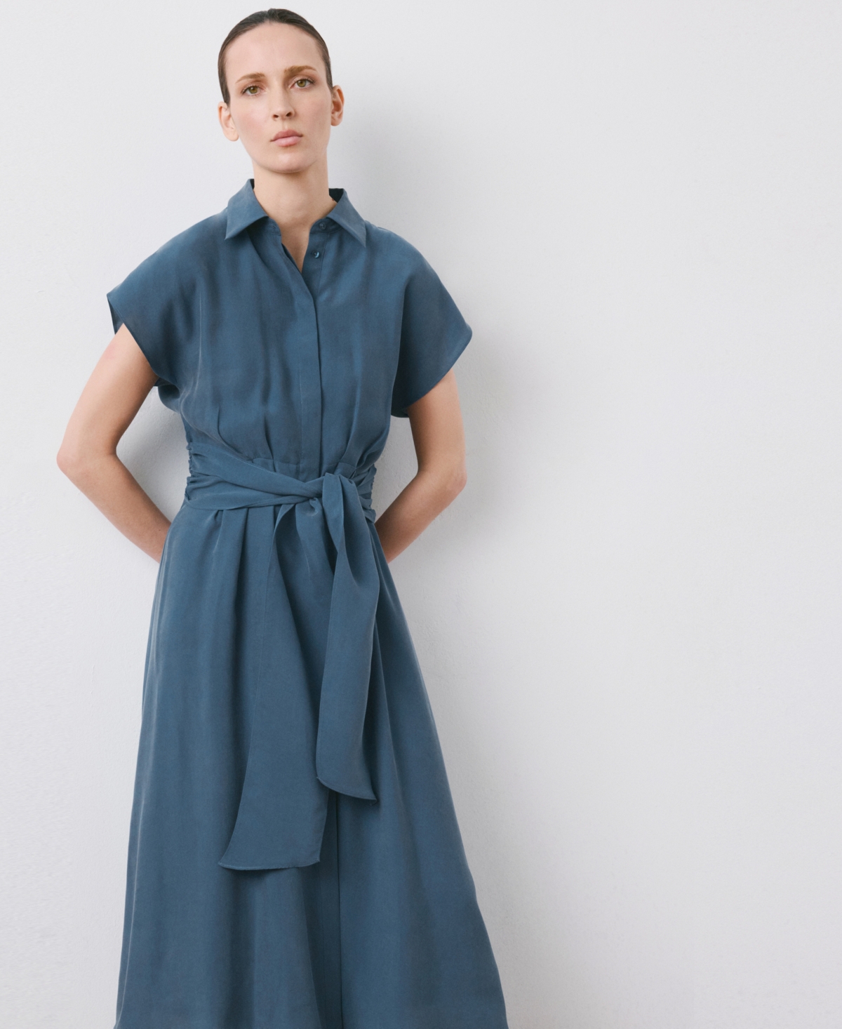Women's Belt Shirt Dress - Blue