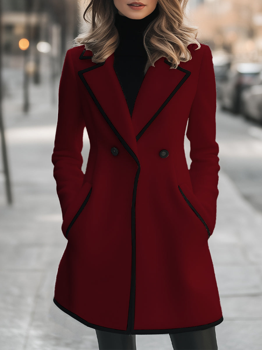 Chic Double-Breasted White Coat with Black Trim - Red