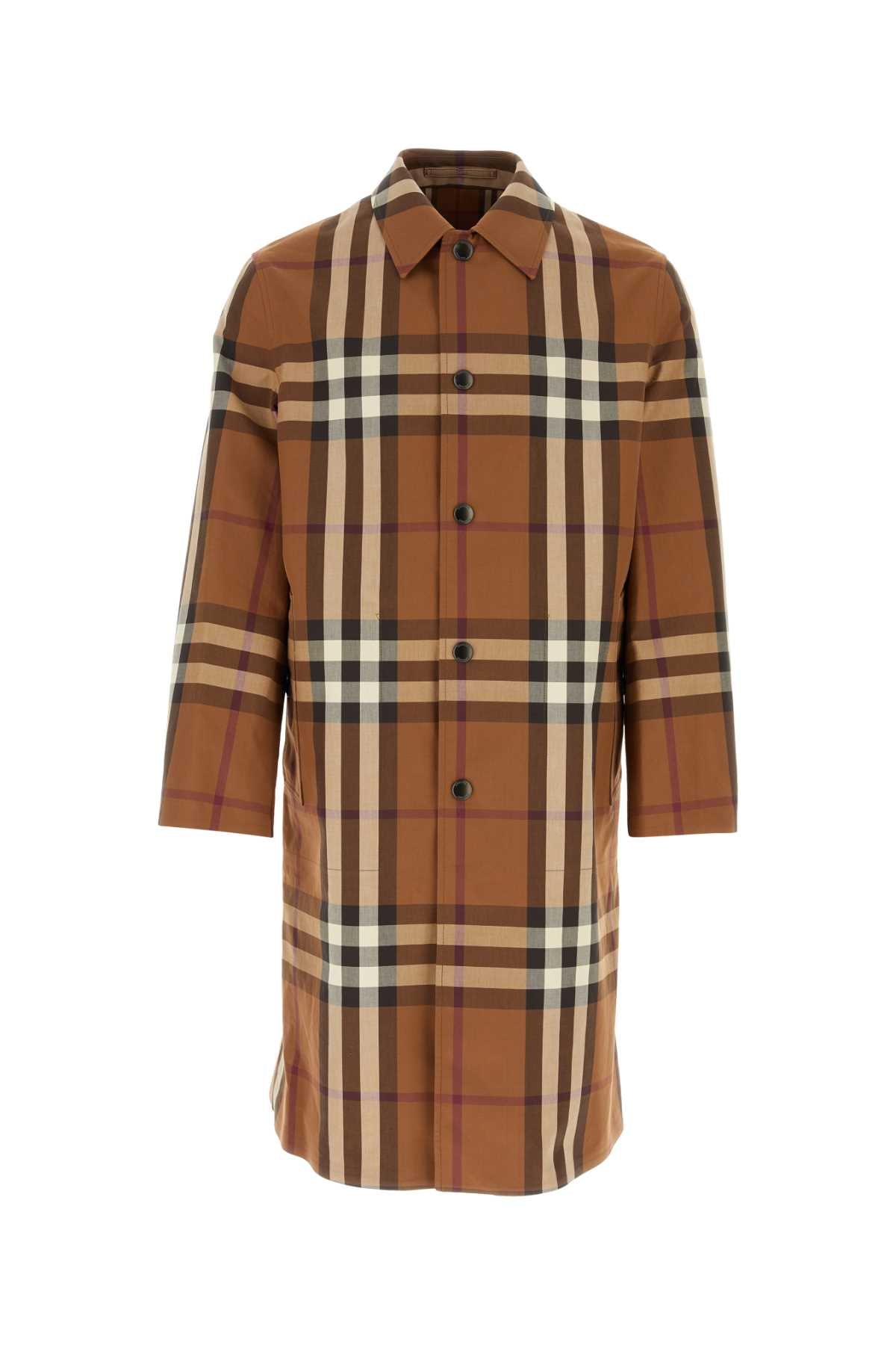 Check-Print Cotton Trench Coat — Brown