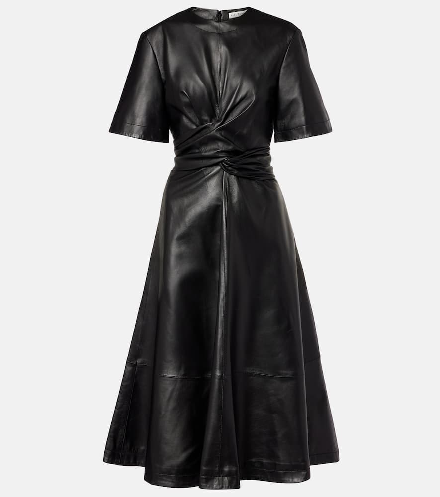 Gathered leather midi dress