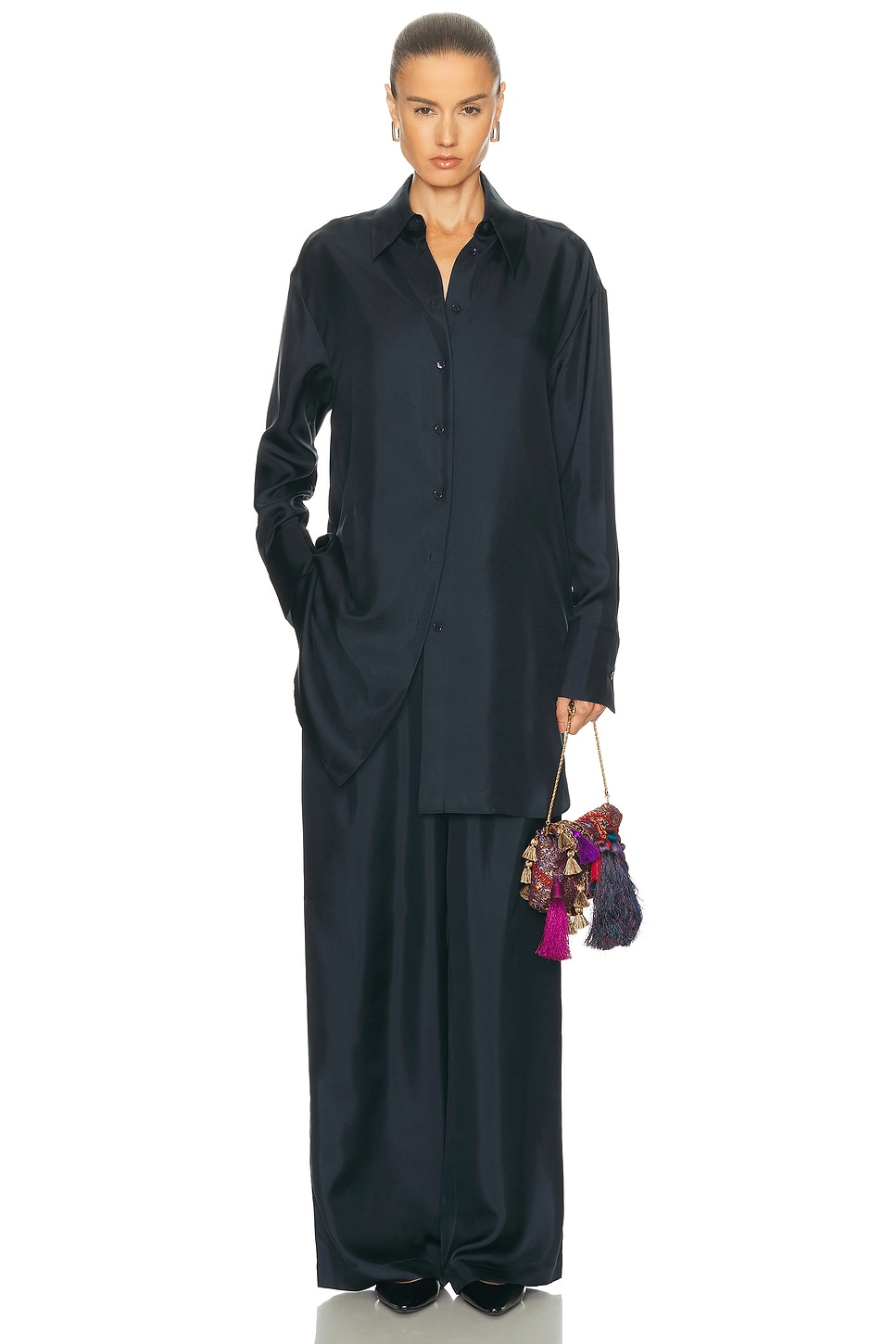 Rohe Oversized Silk Button Down Top in Storm - Navy. 40 also