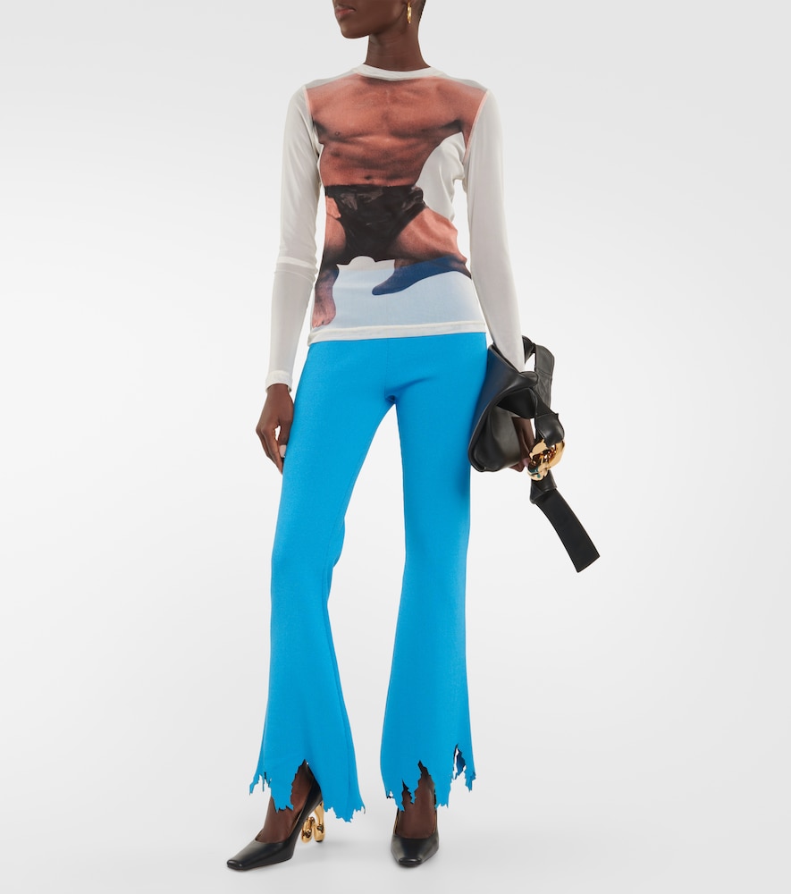 Ribbed-knit distressed slim pants
