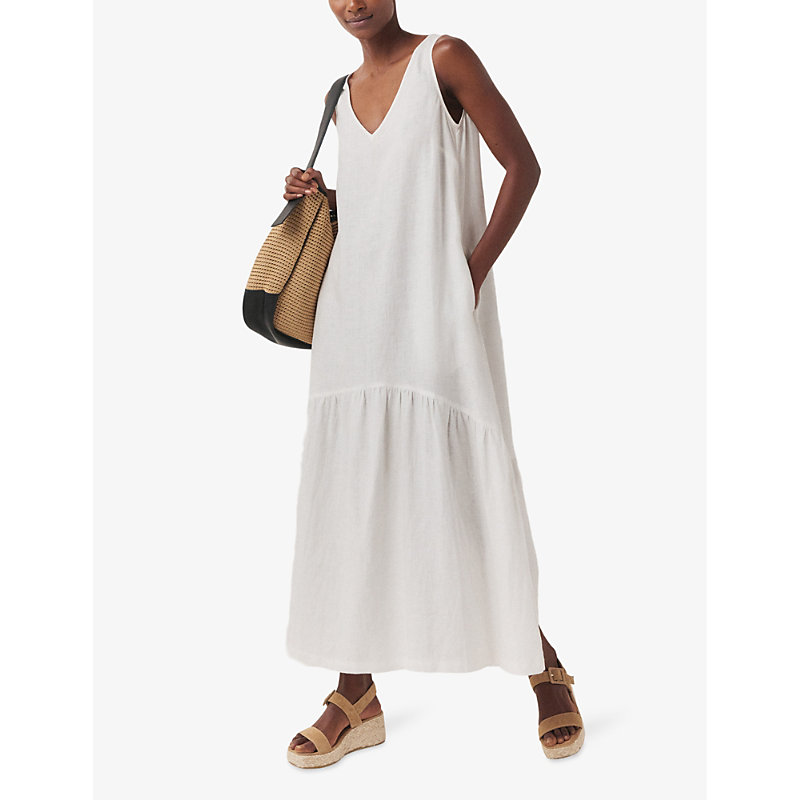 Womens White V-neck Curved-hem Linen Maxi Dress