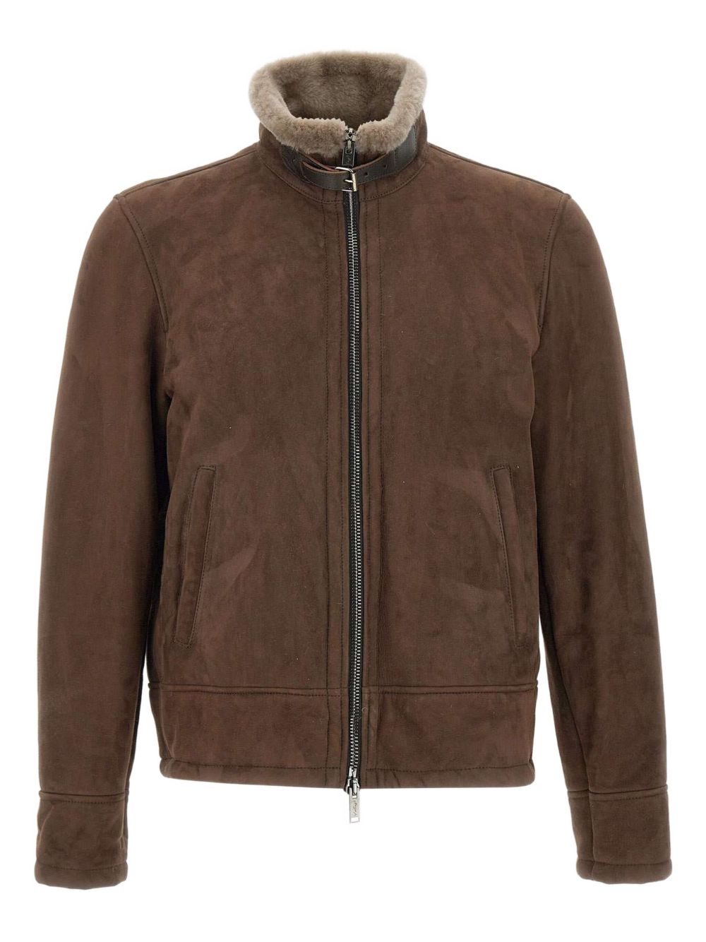Shearling-collar zip-front jacket - Brown